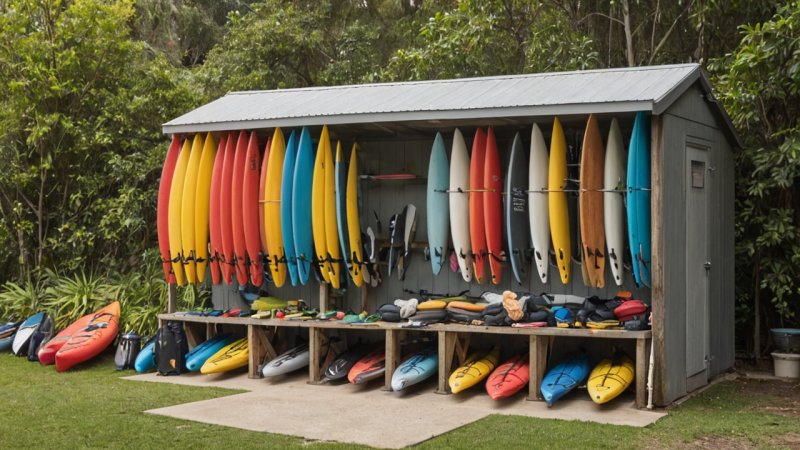 water sports, equipment storage, kayak, surfboard, paddleboard, life jacket, water skis